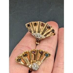 Charles Reis Gold Filled Rhinestone Fan/Shell Screwback Earrings Vintage READ